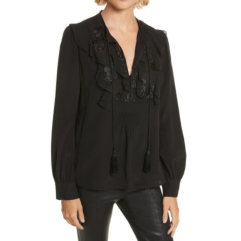 A.L.C. ALC Blyth Silk Long Sleeve Blouse Top Black Ruffle Embroidered Size 2